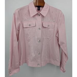 Vintage Pink Rhinestone 100% Denim Jean Jacket Size XL Coastal Cowgirl Western